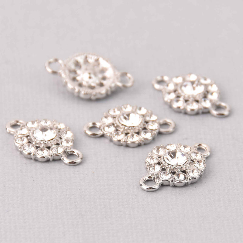 4 Silver Crystal Charms, 12mm round rhinestone connector, chs7771