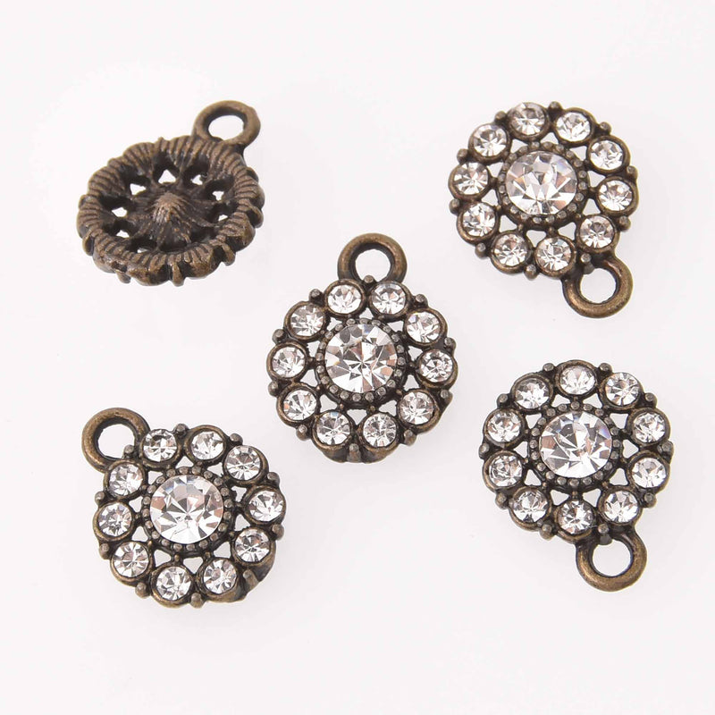 4 Bronze Crystal Charms, 12mm round Rhinestone charms, chs7773