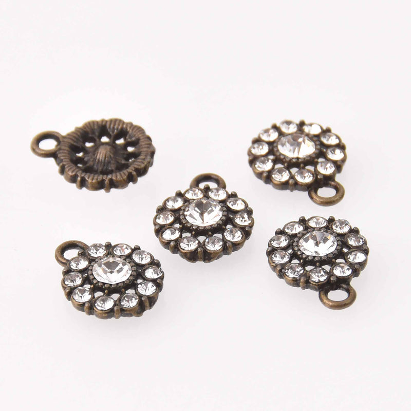4 Bronze Crystal Charms, 12mm round Rhinestone charms, chs7773