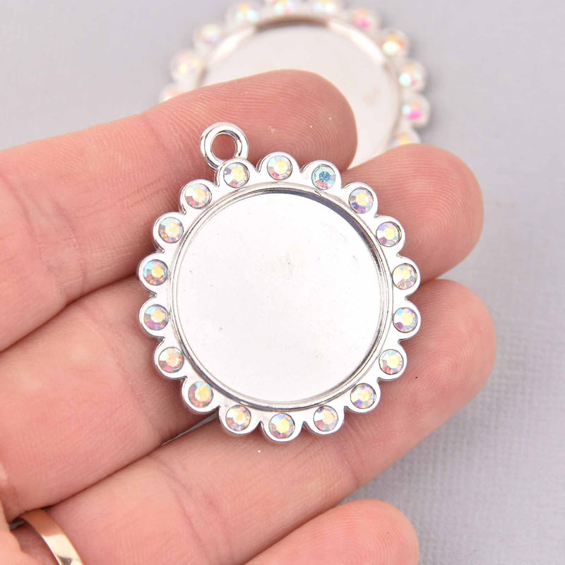 2 Crystal Bezel Charms, silver with AB rhinestones, fits 25mm round cabochons, chs7774