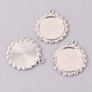 2 Crystal Bezel Charms, silver with AB rhinestones, fits 25mm round cabochons, chs7774