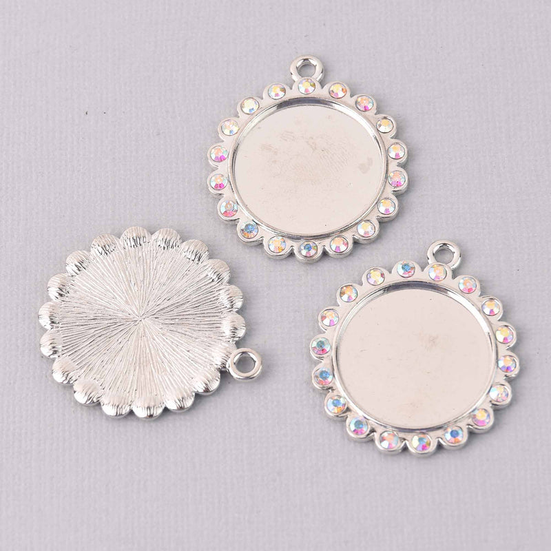 2 Crystal Bezel Charms, silver with AB rhinestones, fits 25mm round cabochons, chs7774