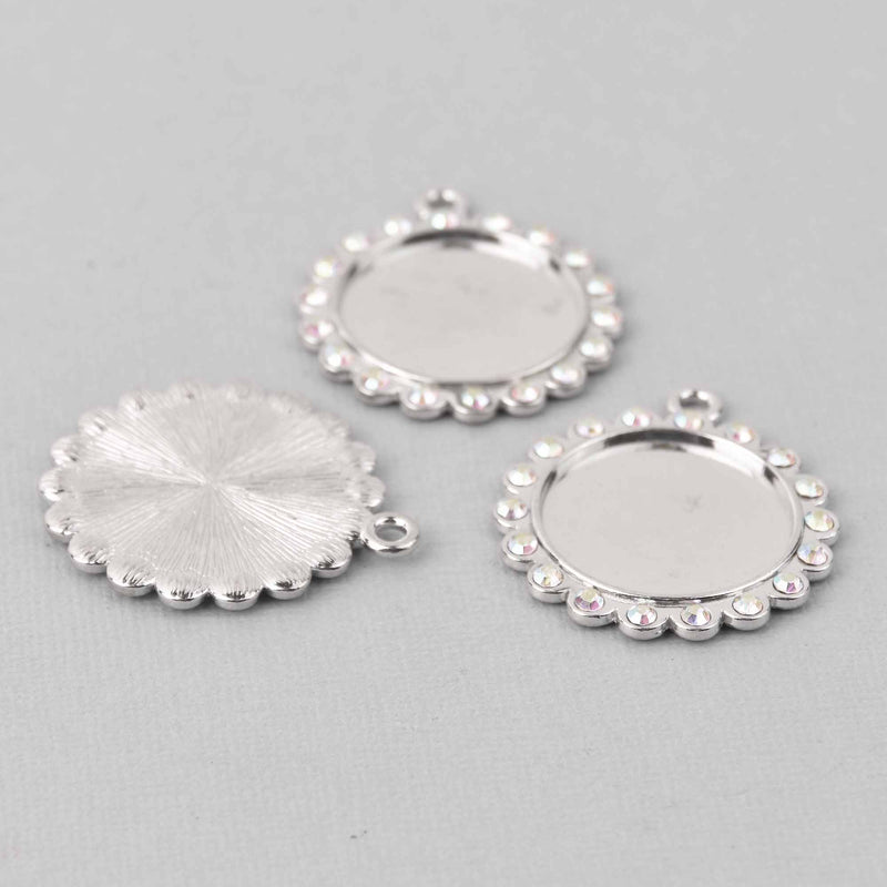 2 Crystal Bezel Charms, silver with AB rhinestones, fits 25mm round cabochons, chs7774