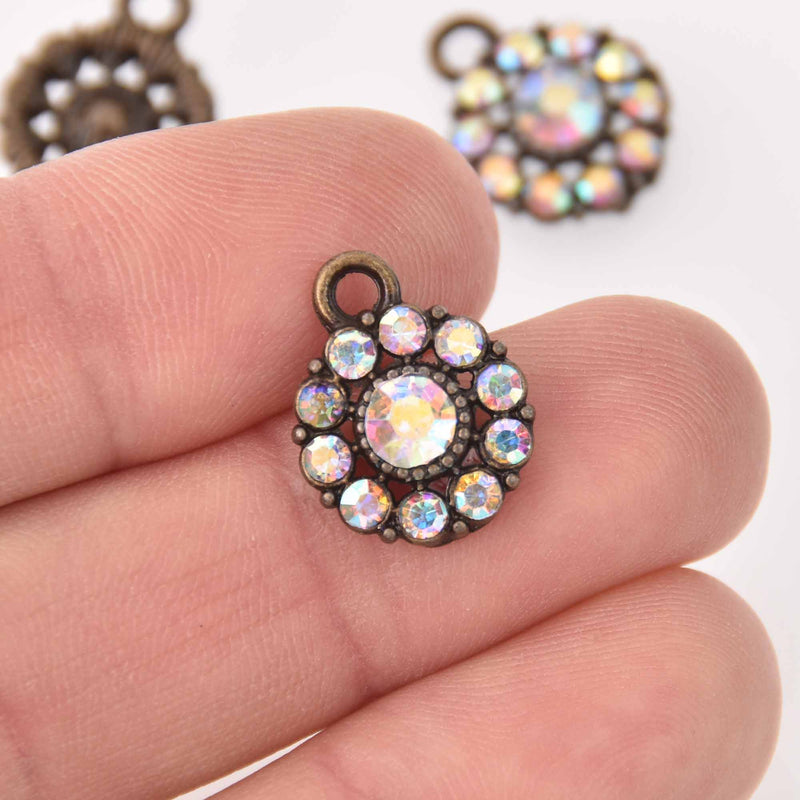 4 Bronze Crystal Charms, 12mm round Rhinestone charms, chs7776