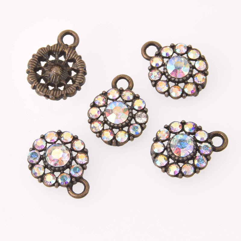 4 Bronze Crystal Charms, 12mm round Rhinestone charms, chs7776