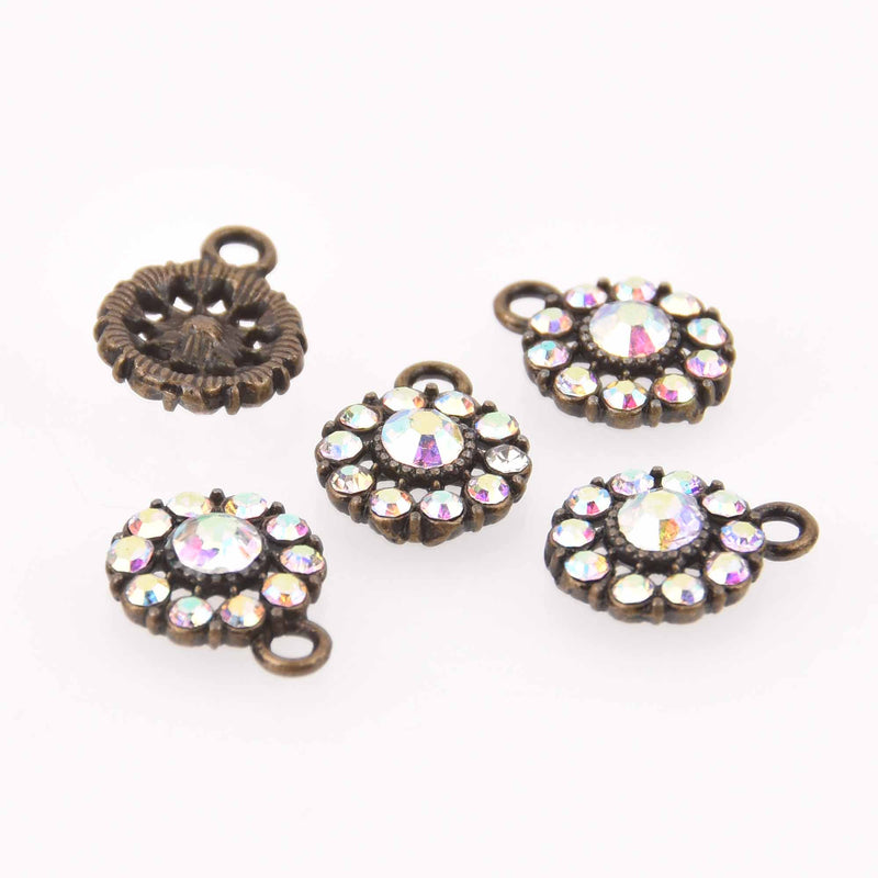 4 Bronze Crystal Charms, 12mm round Rhinestone charms, chs7776