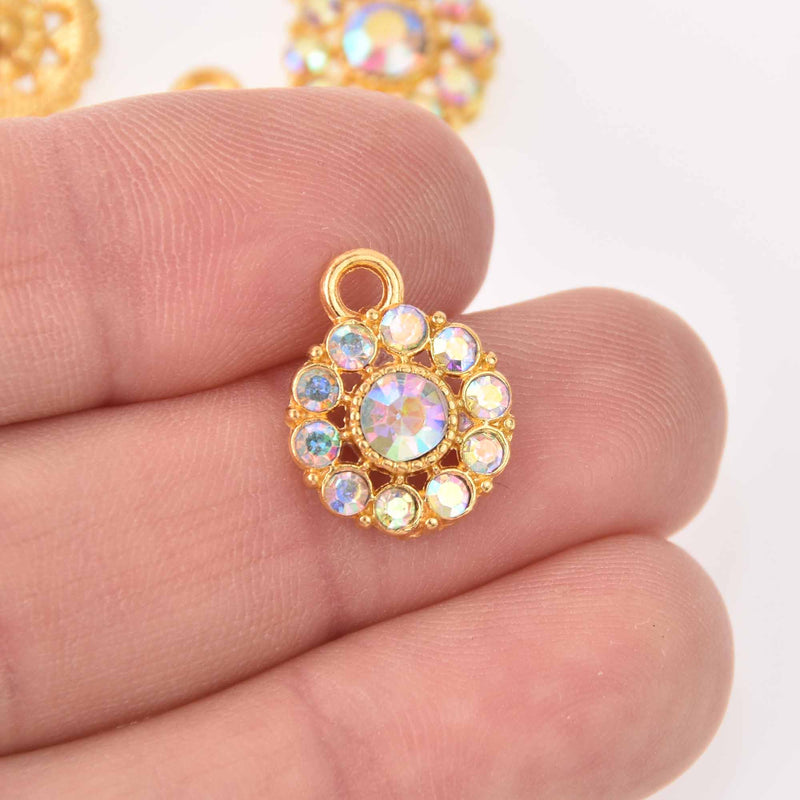 4 Gold Crystal AB Charms, 12mm round rhinestone charms, chs7777