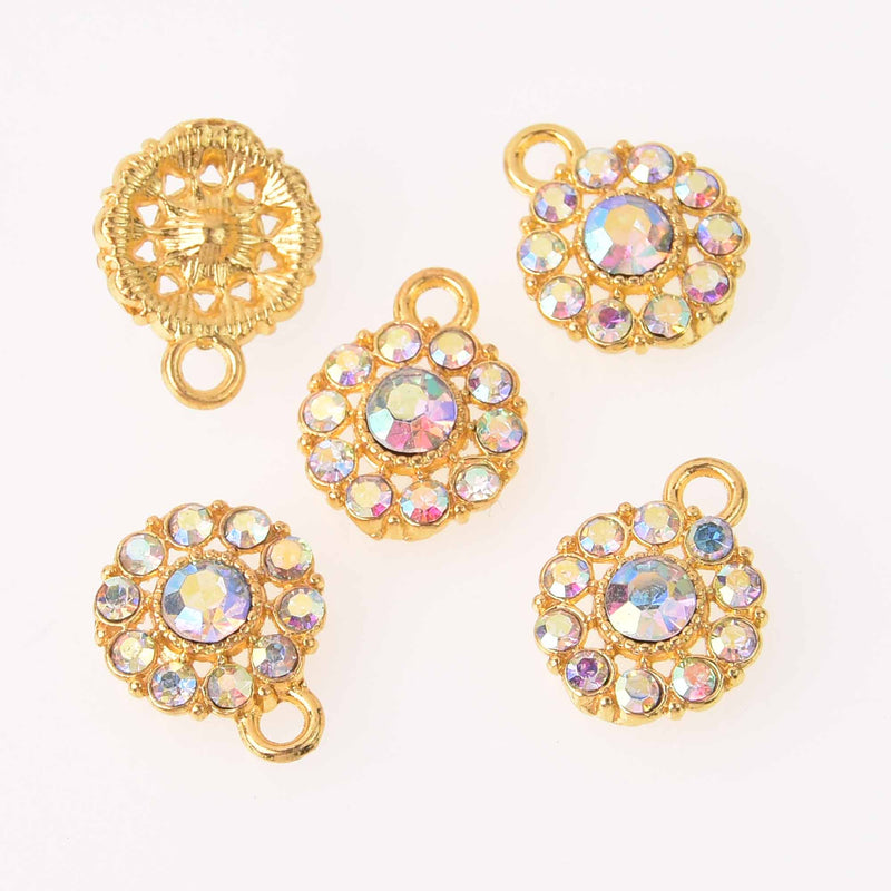 4 Gold Crystal AB Charms, 12mm round rhinestone charms, chs7777