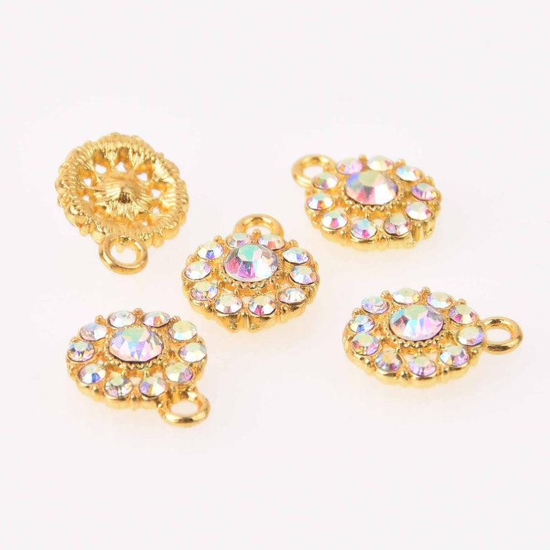 4 Gold Crystal AB Charms, 12mm round rhinestone charms, chs7777