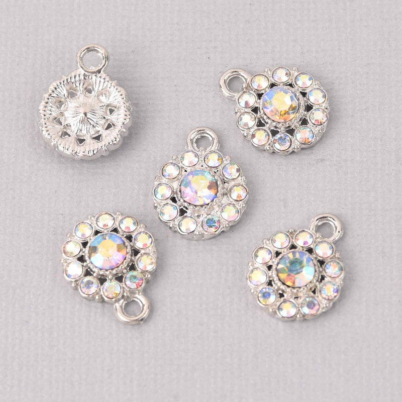 4 Silver Crystal AB Charms, 12mm round Rhinestone charms, chs7778