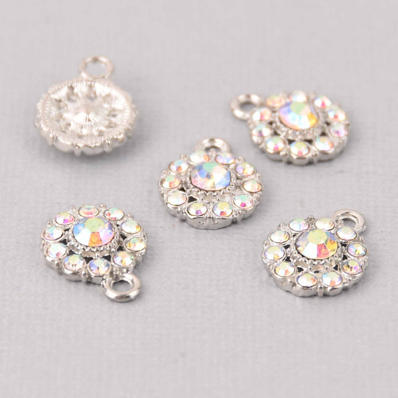 4 Silver Crystal AB Charms, 12mm round Rhinestone charms, chs7778