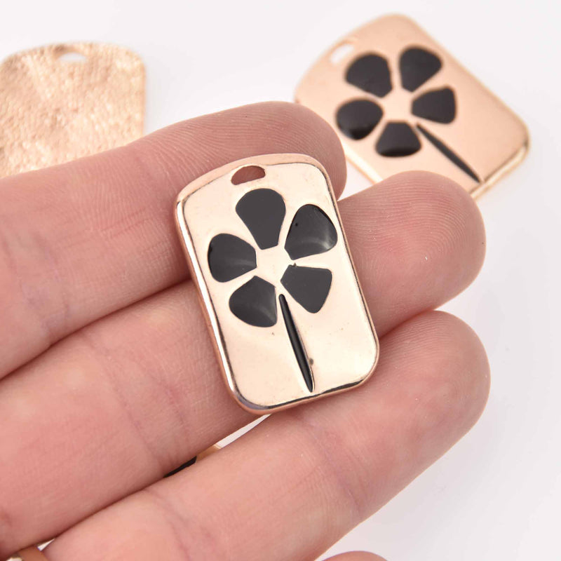 2 Flower Charms, Gold with black enamel, rectangle, 39x19mm, chs7779