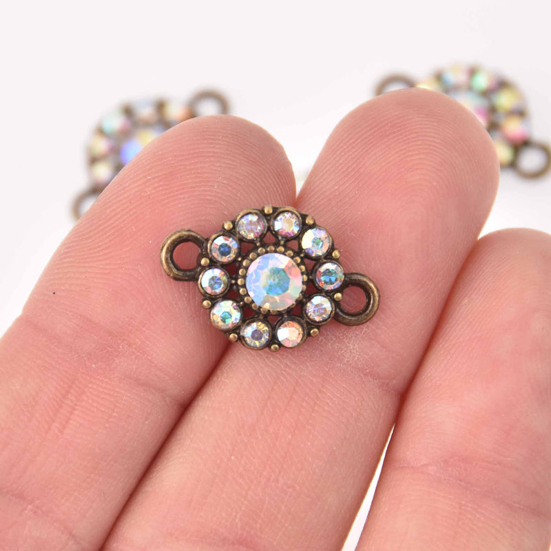 2 Bronze Crystal AB Charms, 13mm round Rhinestone connector, chs7780