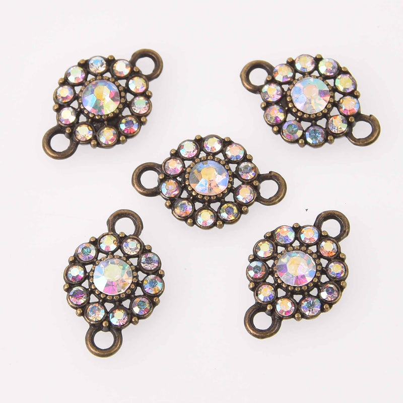 2 Bronze Crystal AB Charms, 13mm round Rhinestone connector, chs7780