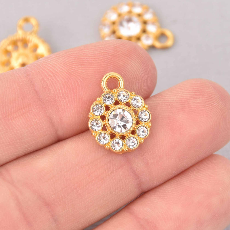 4 Gold Crystal Charms, 12mm round Rhinestone charms, chs7781