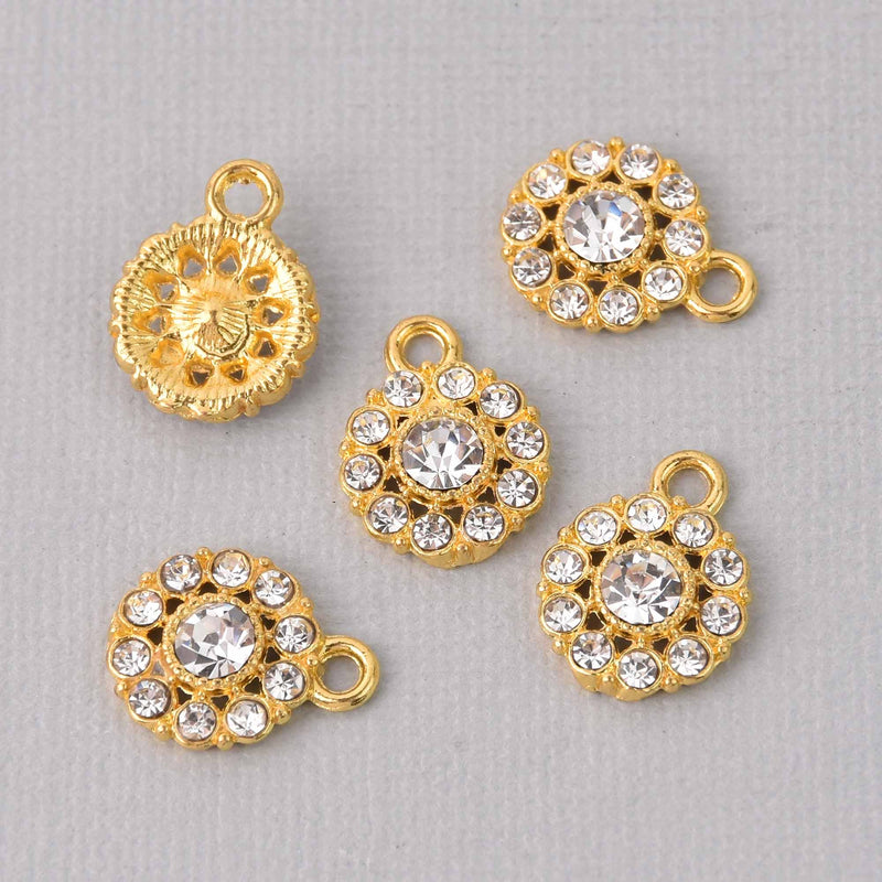 4 Gold Crystal Charms, 12mm round Rhinestone charms, chs7781