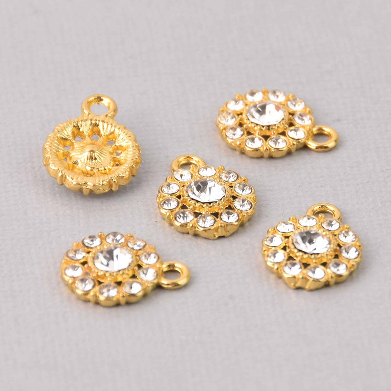 4 Gold Crystal Charms, 12mm round Rhinestone charms, chs7781