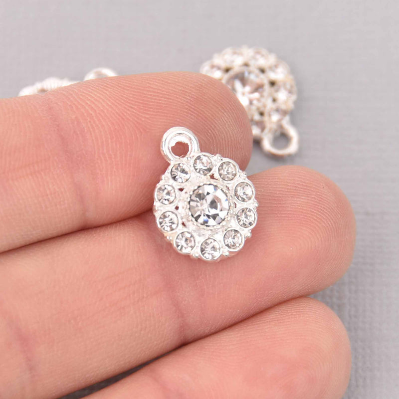 4 Silver Crystal Charms, 12mm round Rhinestone charms, chs7782