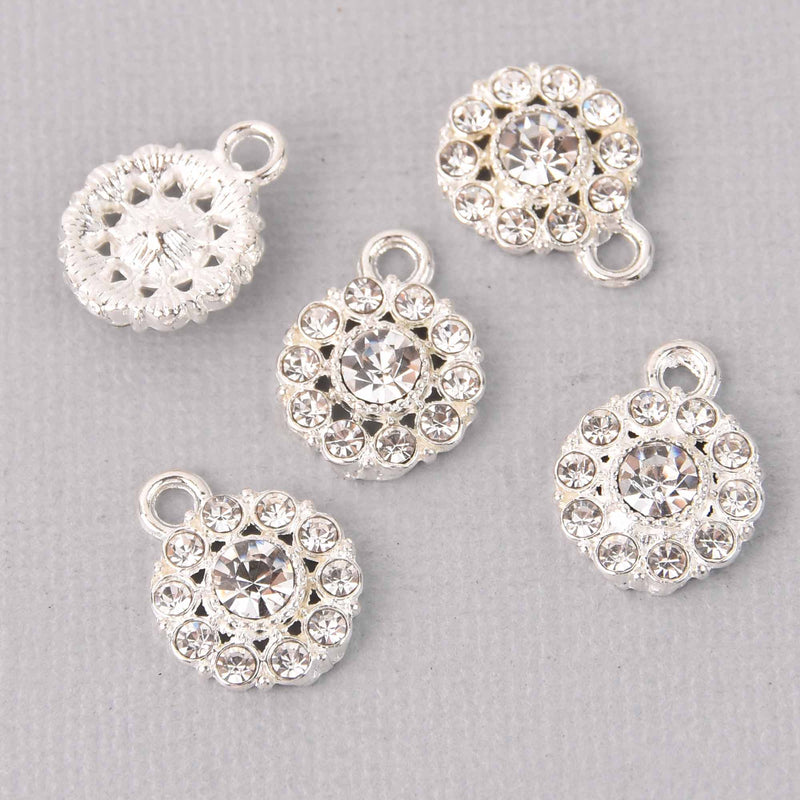 4 Silver Crystal Charms, 12mm round Rhinestone charms, chs7782