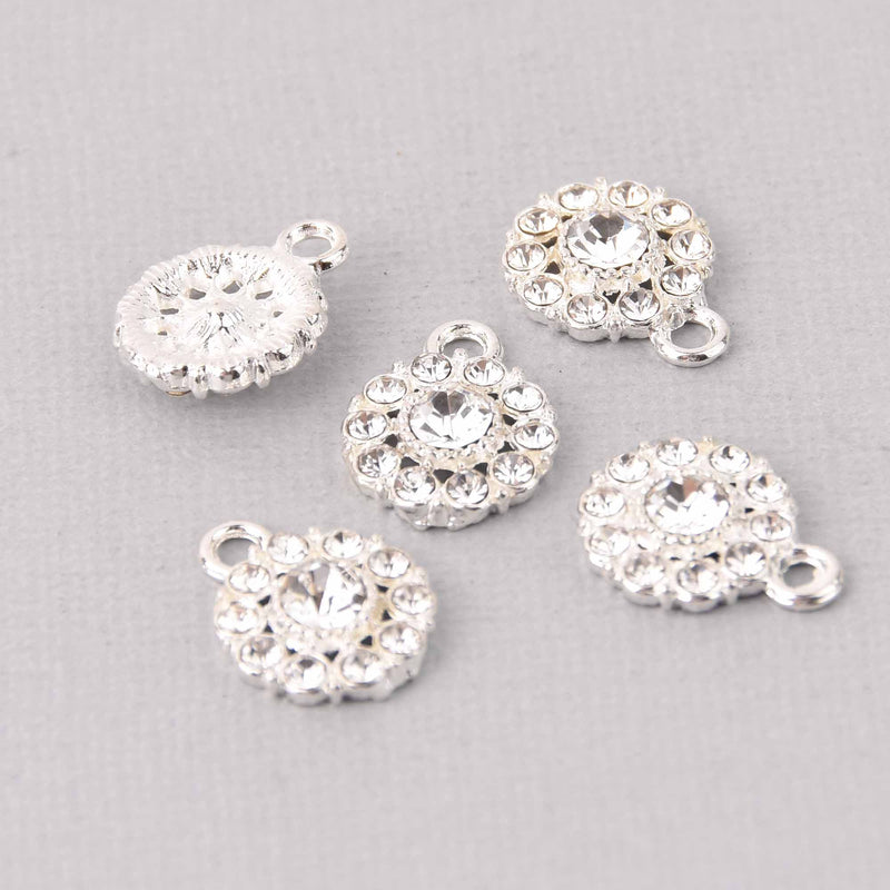 4 Silver Crystal Charms, 12mm round Rhinestone charms, chs7782