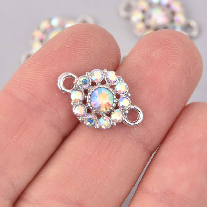 2 Silver Crystal AB Charms, 13mm round Rhinestone connector, chs7783