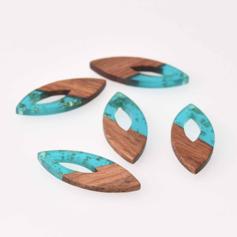 4 Turquoise Marquis Charms, Gold Flakes with Resin and Real Wood, 1.5", chs7785
