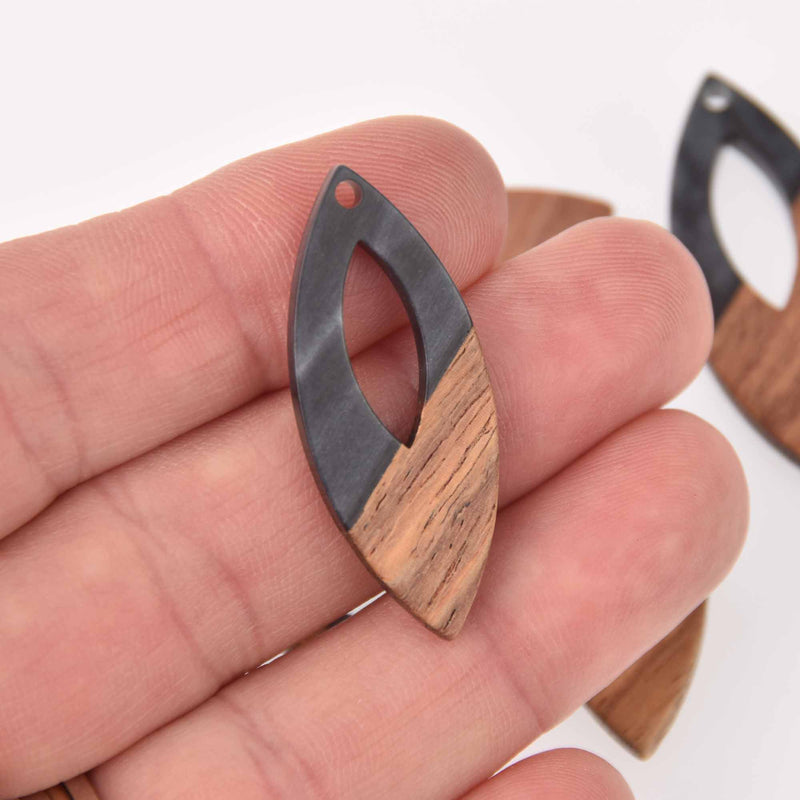 4 Black Pearl Marquis Charms, Resin and Real Wood, 1.5", chs7787