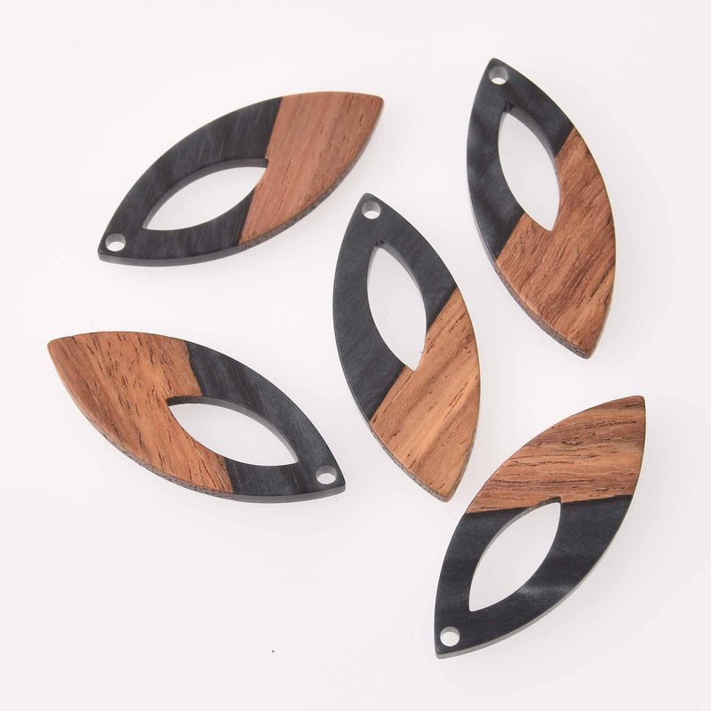 4 Black Pearl Marquis Charms, Resin and Real Wood, 1.5", chs7787