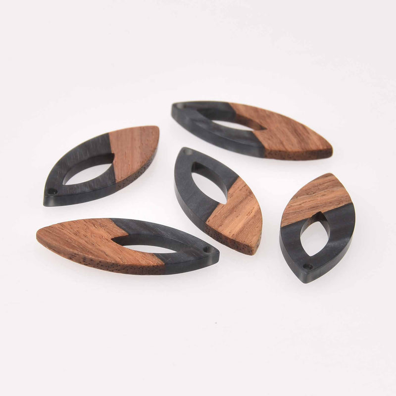 4 Black Pearl Marquis Charms, Resin and Real Wood, 1.5", chs7787