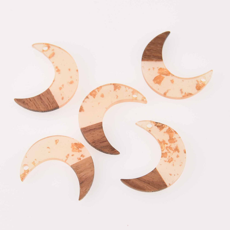 2 Round Crescent Moon Charms, Gold Flakes with Resin and Real Wood, 1-1/8", chs7788