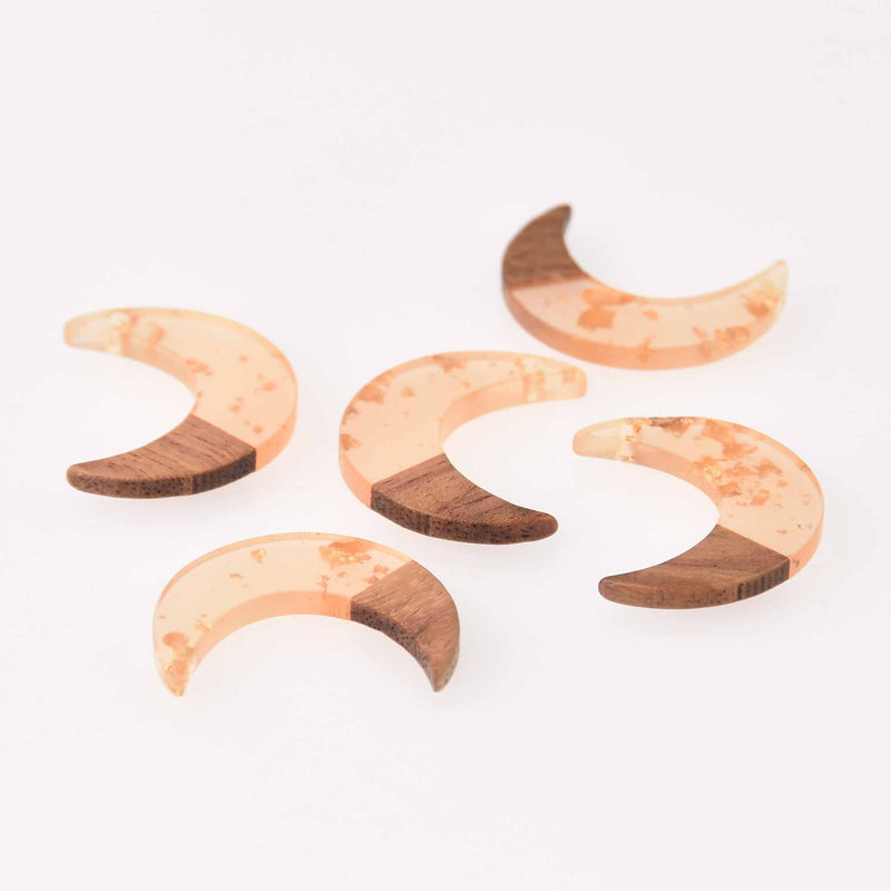 2 Round Crescent Moon Charms, Gold Flakes with Resin and Real Wood, 1-1/8", chs7788