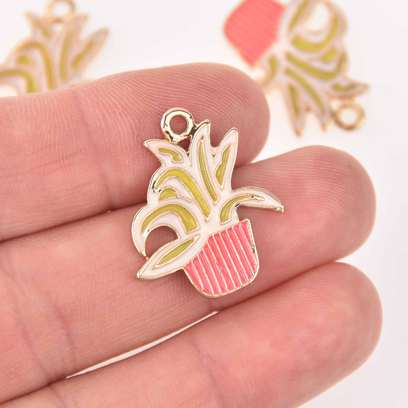 5 SUCCULENT CACTUS Charms, Pink Enamel Floral Charms, Potted Plant Charms, chs7789