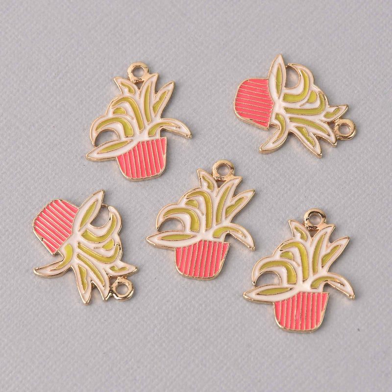 5 SUCCULENT CACTUS Charms, Pink Enamel Floral Charms, Potted Plant Charms, chs7789