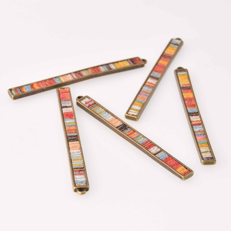 2 Fiber Stick Charms, Rainbow Fabric, Bronze Plated, Threaded Bar Rectangle chs7791