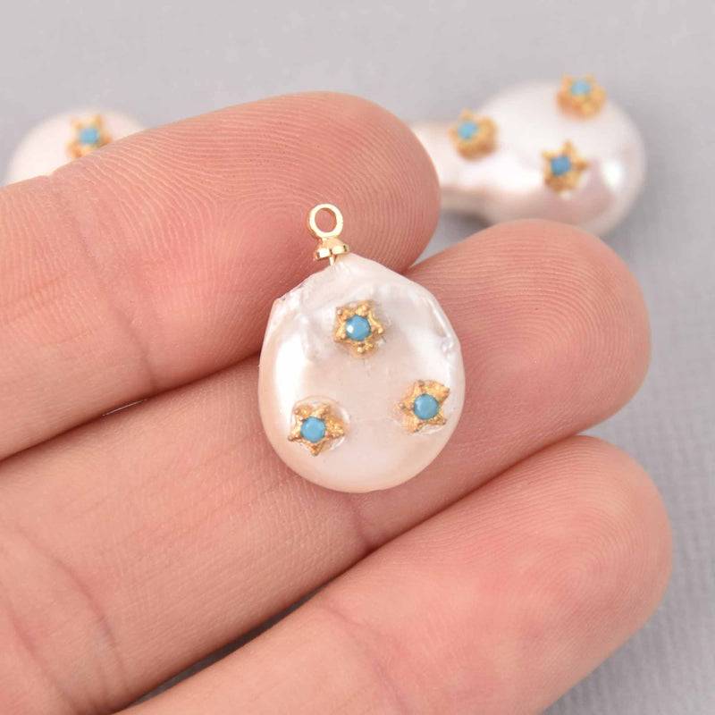 Blue Button Pearl Charm with Micro Pave Crystals, Gold Trim, chs7800