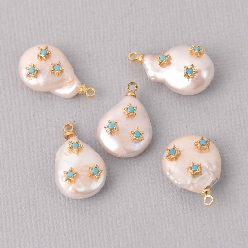 Blue Button Pearl Charm with Micro Pave Crystals, Gold Trim, chs7800