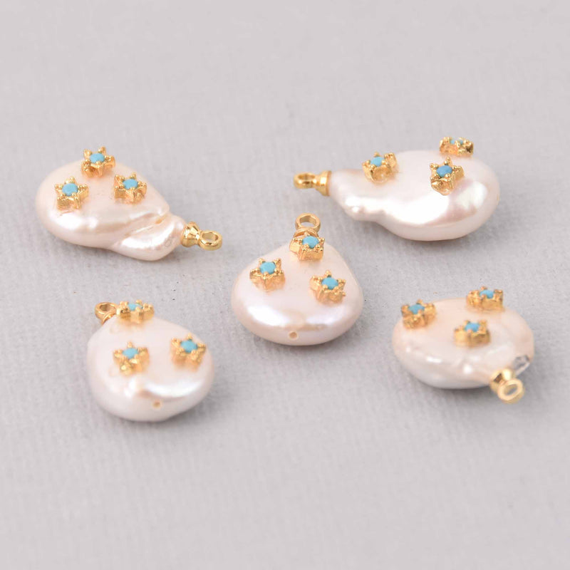 Blue Button Pearl Charm with Micro Pave Crystals, Gold Trim, chs7800