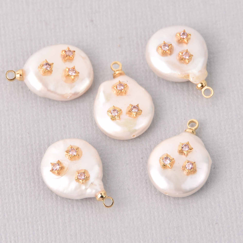 Pink Button Pearl Charm with Micro Pave Crystals, Gold Trim, chs7801