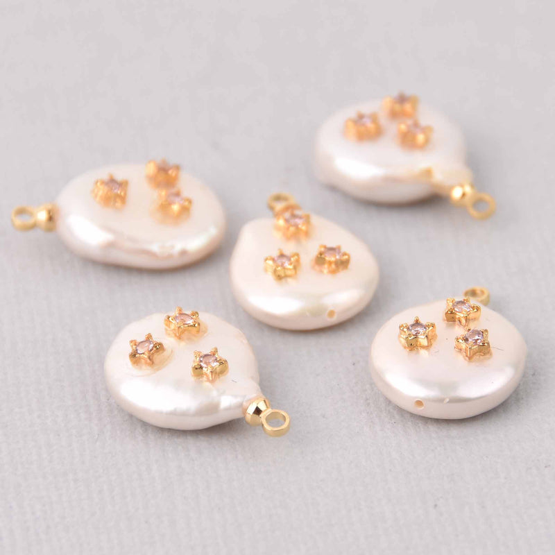 Pink Button Pearl Charm with Micro Pave Crystals, Gold Trim, chs7801