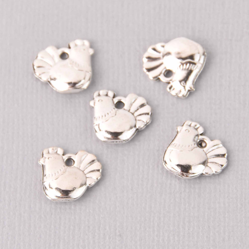 6 Hen Charms, Chicken Charms, Silver Metal, 13mm chs7802