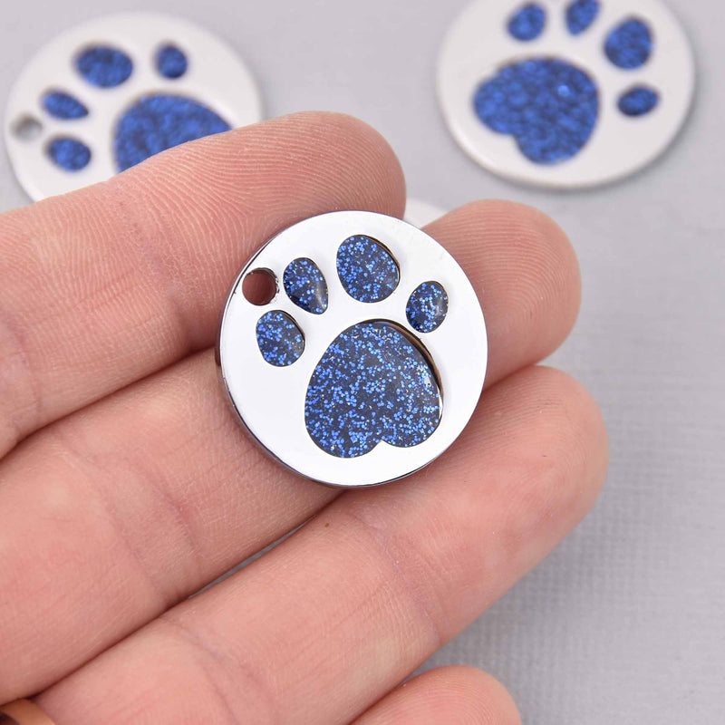 4 Royal Blue Pet Tag Charms, Glitter Enamel Paw Print with Silver, 25mm, chs7806