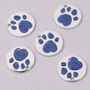4 Royal Blue Pet Tag Charms, Glitter Enamel Paw Print with Silver, 25mm, chs7806