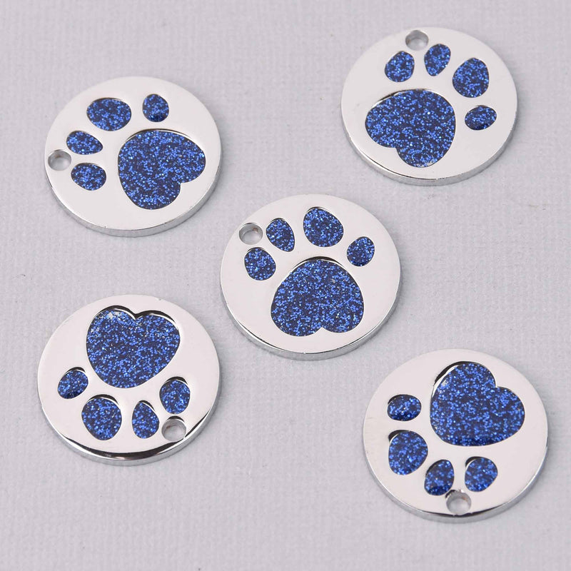 4 Royal Blue Pet Tag Charms, Glitter Enamel Paw Print with Silver, 25mm, chs7806