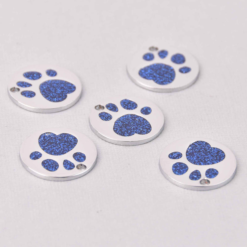 4 Royal Blue Pet Tag Charms, Glitter Enamel Paw Print with Silver, 25mm, chs7806