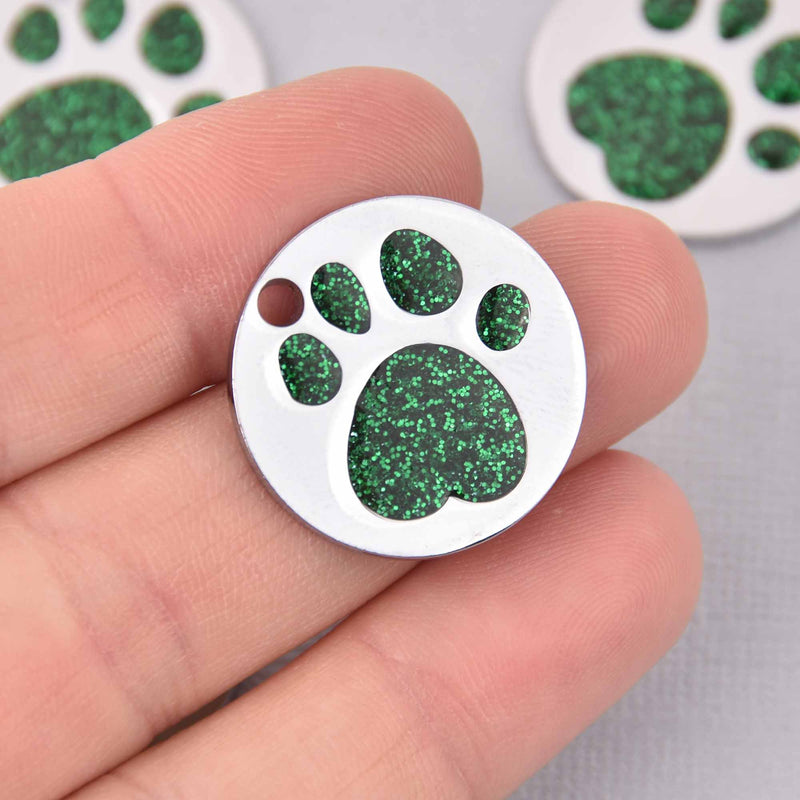 4 Green Pet Tag Charms, Glitter Enamel Paw Print with Silver, 25mm, chs7807