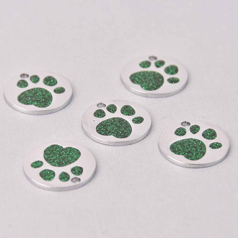4 Green Pet Tag Charms, Glitter Enamel Paw Print with Silver, 25mm, chs7807