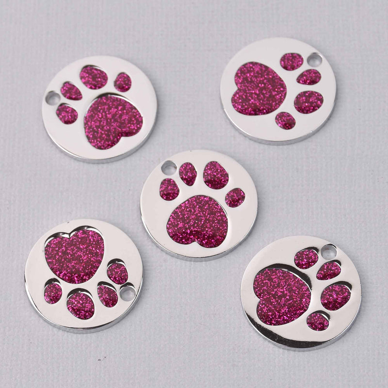 4 Dark Pink Pet Tag Charms, Glitter Enamel Paw Print with Silver, 25mm, chs7808