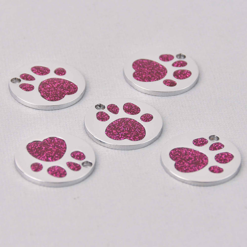 4 Dark Pink Pet Tag Charms, Glitter Enamel Paw Print with Silver, 25mm, chs7808