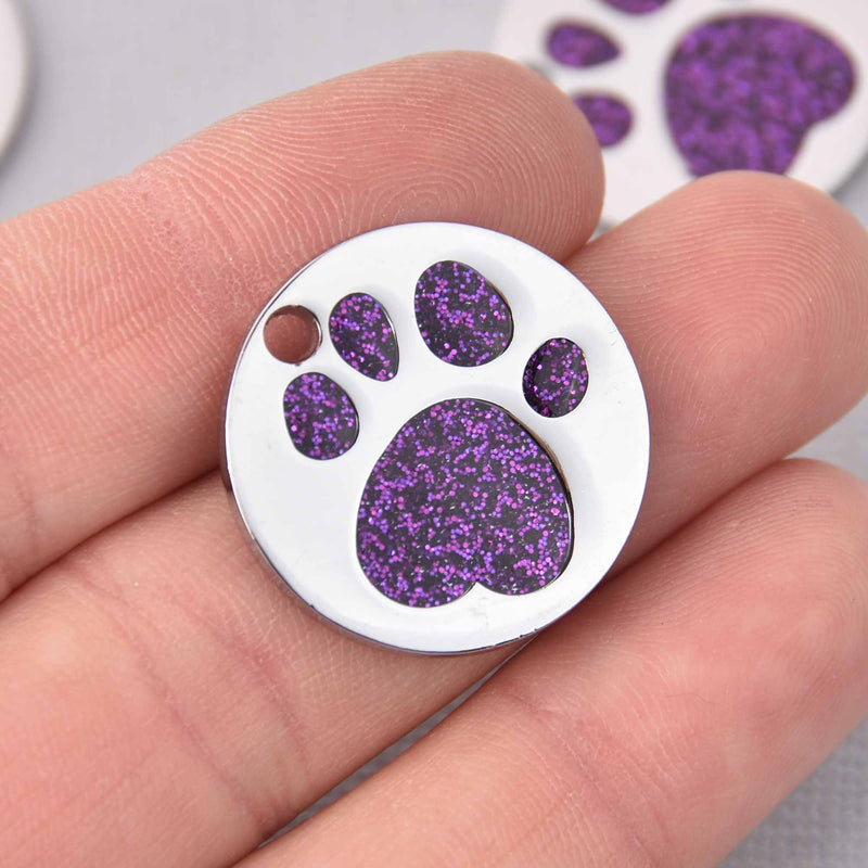 4 Purple Pet Tag Charms, Glitter Enamel Paw Print with Silver, 25mm, chs7809