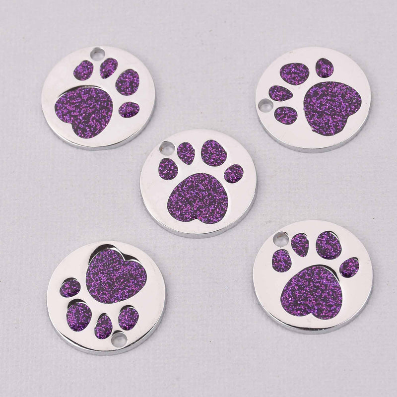 4 Purple Pet Tag Charms, Glitter Enamel Paw Print with Silver, 25mm, chs7809